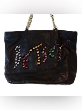 Vintage Betsey Johnson Rhinestone Logo Tote Black Leather Large Shoulder Bag Y2K